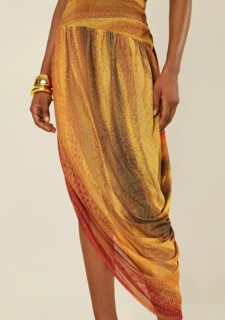 Vestido Morena Rosa Ajustado Decote Reto Sem Manga Longo Laranja/Amarelo