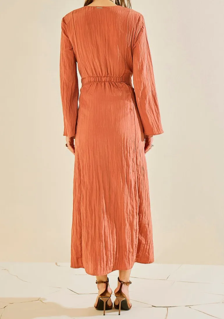 Vestido Morena Rosa Ajustado Decote V Manga Longa Midi Marrom