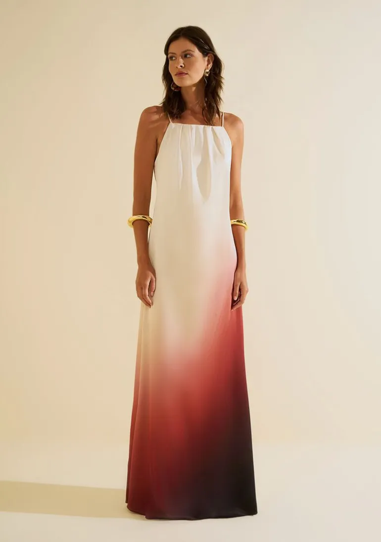 Vestido Morena Rosa Ajustado Decote V Com Alça Longo Bege