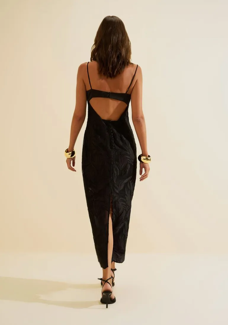 Vestido Morena Rosa Ajustado Decote Reto Com Alça Midi Preto