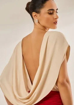 Vestido Morena Rosa Ajustado Decote Canoa Sem Manga Midi Bege