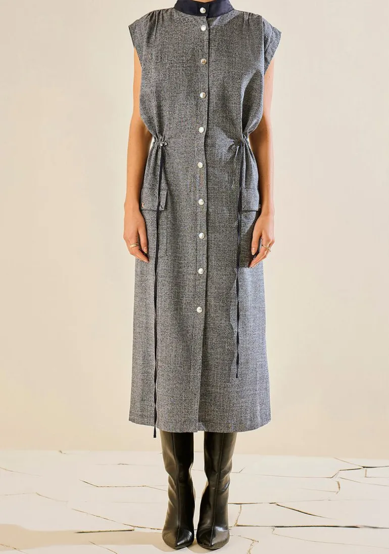 Vestido Morena Rosa Ajustado Gola Alta Sem Manga Midi Azul Marinho