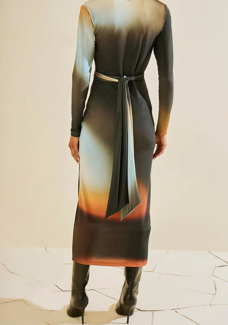 Vestido Morena Rosa Ajustado Decote V Manga Longa Midi Preto/Azul