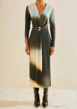 Vestido Morena Rosa Ajustado Decote V Manga Longa Midi Preto/Azul