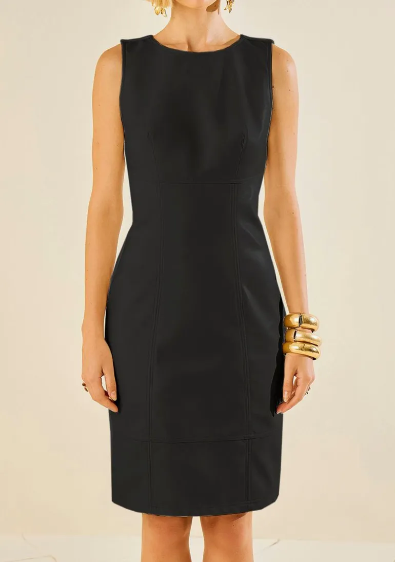 Vestido Morena Rosa Ajustado Decote V Sem Manga Midi Preto