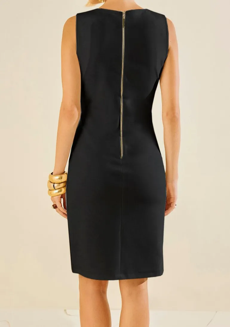 Vestido Morena Rosa Ajustado Decote V Sem Manga Midi Preto