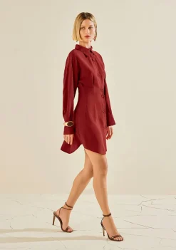 Vestido Morena Rosa Ajustado Gola Clássica Manga Longa Curto Vermelho