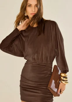 Vestido Morena Rosa Ajustado Decote Careca Manga Longa Curto Marrom