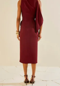 Vestido Morena Rosa Ajustado Decote Canoa Sem Manga Midi Bordo