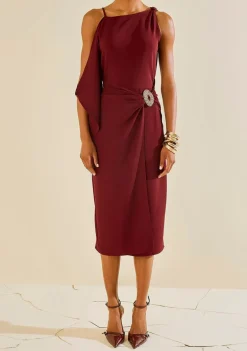 Vestido Morena Rosa Ajustado Decote Canoa Sem Manga Midi Bordo