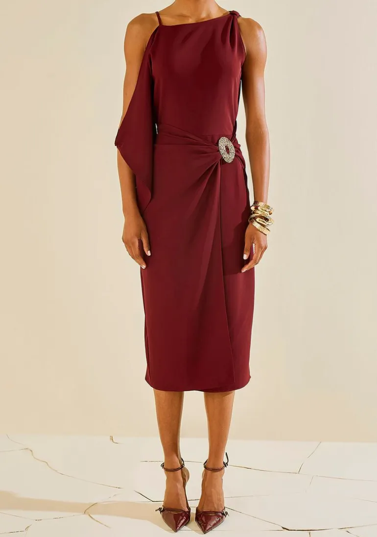 Vestido Morena Rosa Ajustado Decote Canoa Sem Manga Midi Bordo