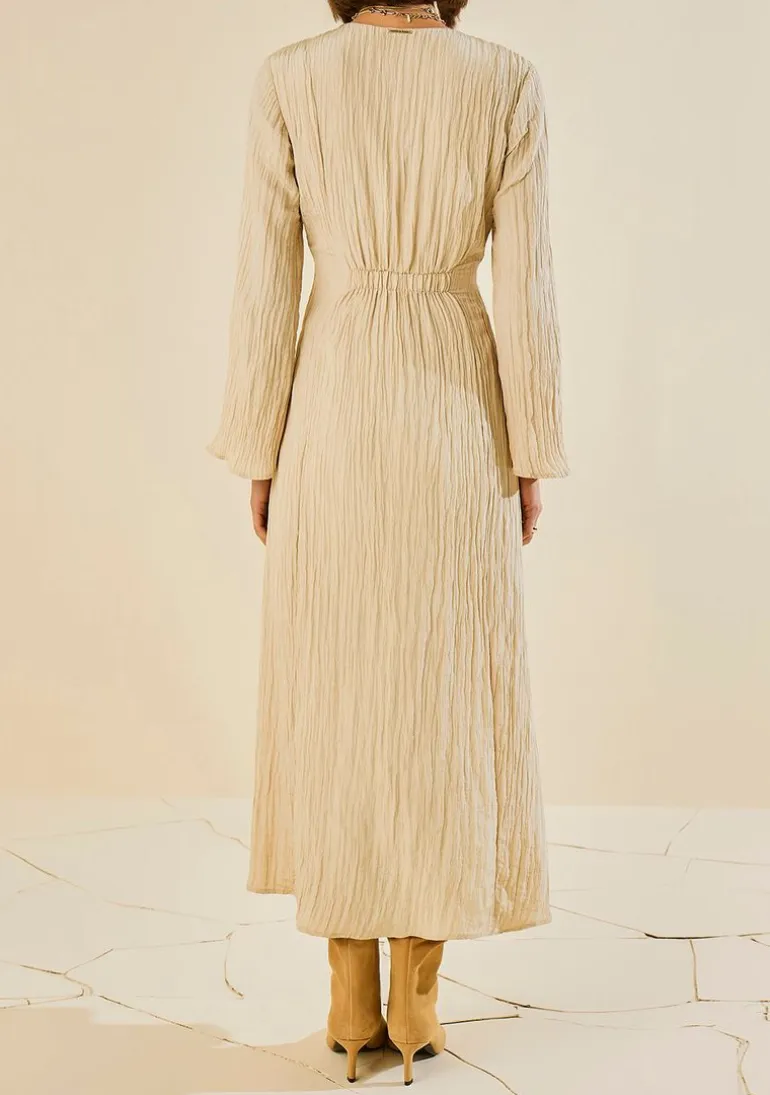 Vestido Morena Rosa Ajustado Decote V Manga Longa Midi Bege