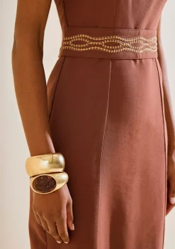 Vestido Morena Rosa Ajustado Decote Reto Sem Manga Midi Marrom