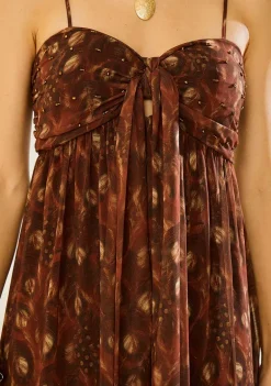 Vestido Morena Rosa Ajustado Decote Reto Com Alça Midi Marrom