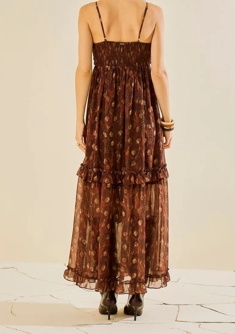 Vestido Morena Rosa Ajustado Decote Reto Com Alça Midi Marrom