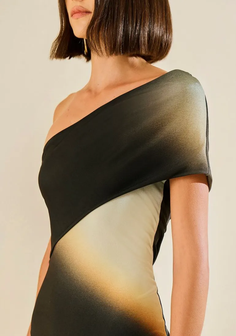 Vestido Morena Rosa Ajustado Ombro A Ombro Sem Manga Curto Preto/Azul