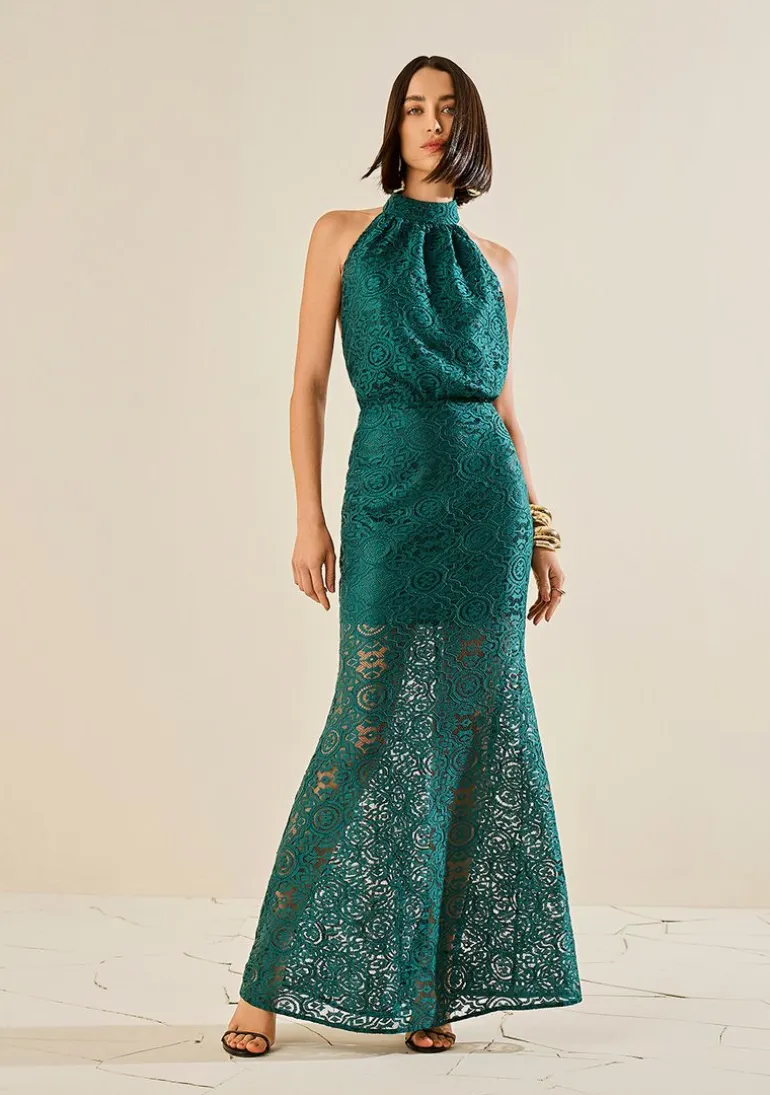 Vestido Morena Rosa Ajustado Cava Francesa Sem Manga Longo Verde