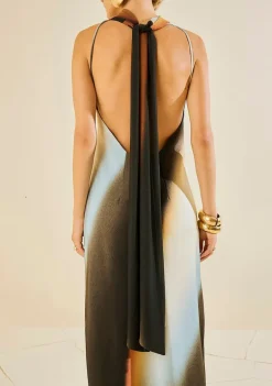 Vestido Morena Rosa Ajustado Gola Alta Manga Longa Longo Preto/Azul