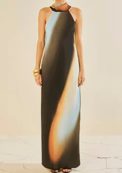 Vestido Morena Rosa Ajustado Gola Alta Manga Longa Longo Preto/Azul