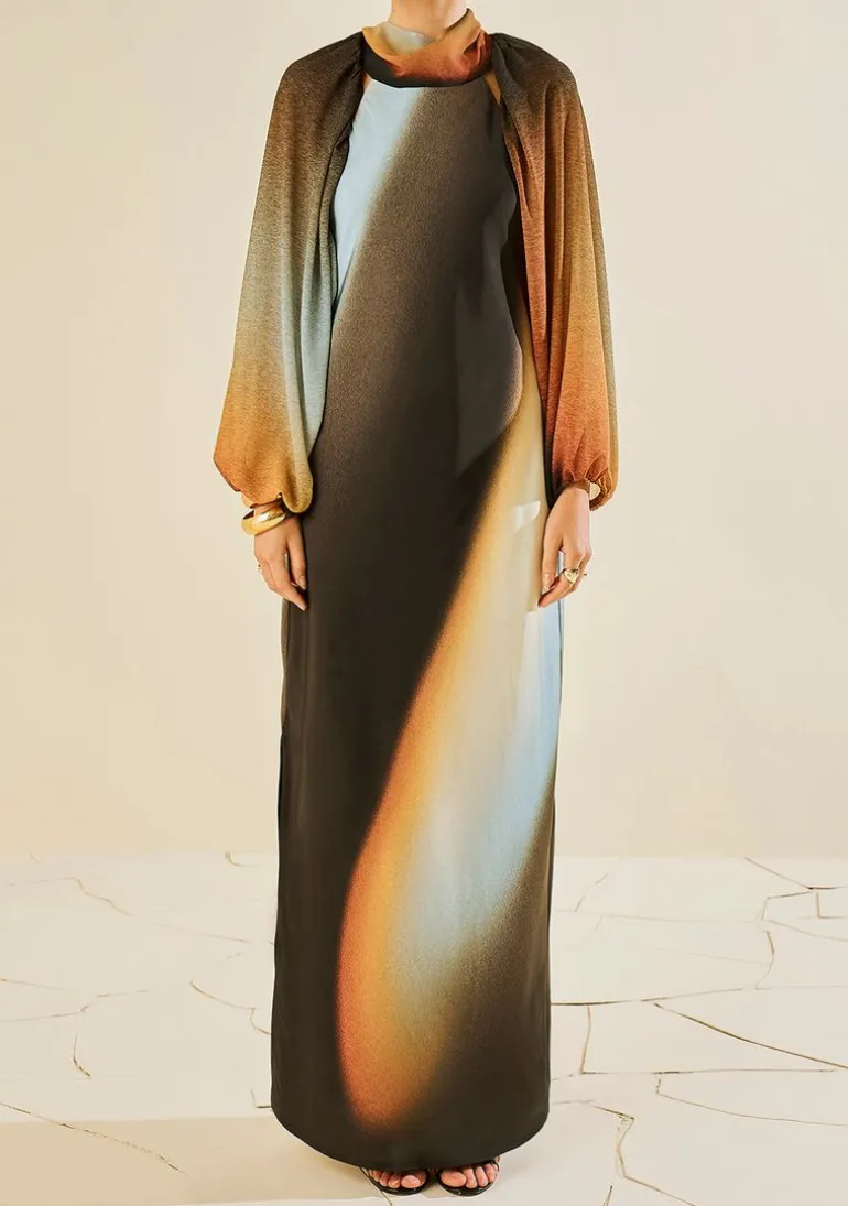 Vestido Morena Rosa Ajustado Gola Alta Manga Longa Longo Preto/Azul