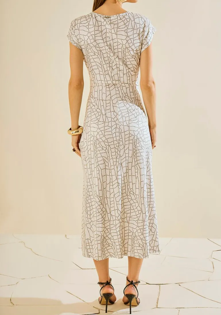 Vestido Morena Rosa Ajustado Decote Canoa Manga Curta Midi Off White