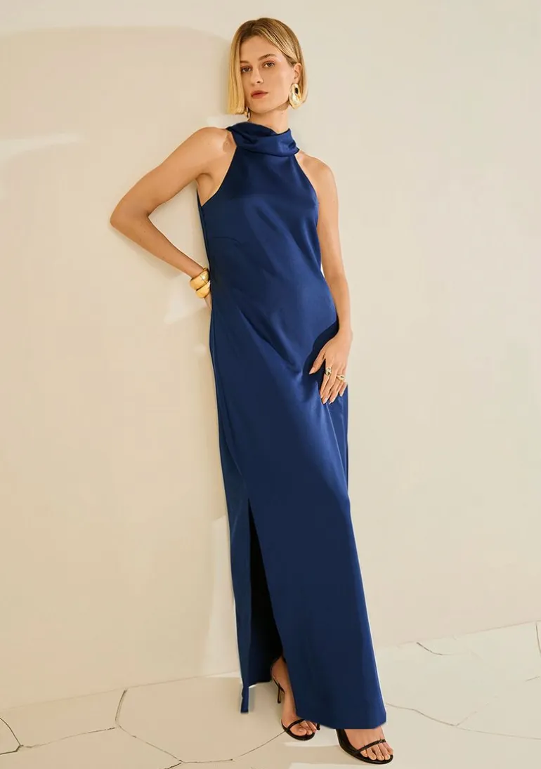 Vestido Morena Rosa Ajustado Gola Alta Manga Longa Longo Azul