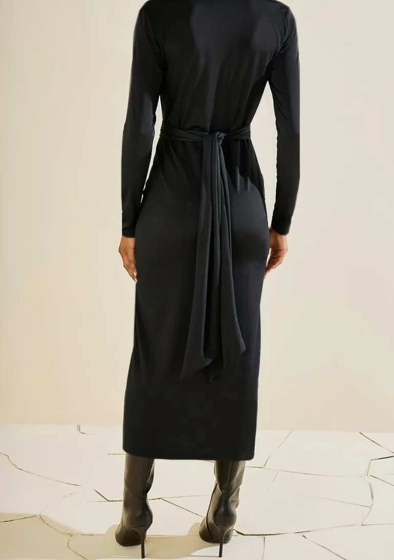 Vestido Morena Rosa Ajustado Decote V Manga Longa Midi Preto