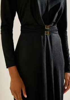 Vestido Morena Rosa Ajustado Decote V Manga Longa Midi Preto