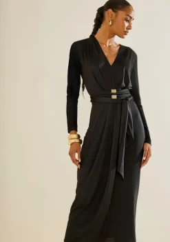 Vestido Morena Rosa Ajustado Decote V Manga Longa Midi Preto