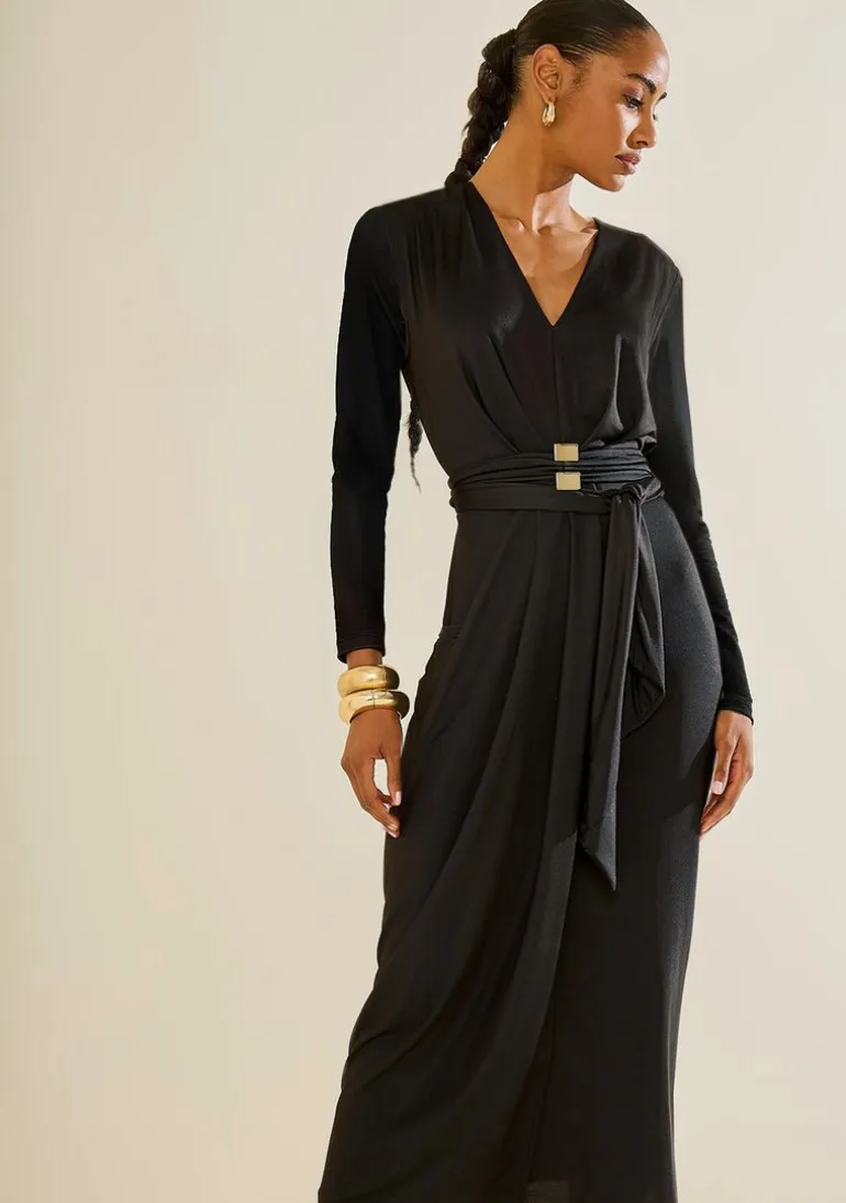 Vestido Morena Rosa Ajustado Decote V Manga Longa Midi Preto