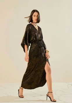 Vestido Morena Rosa Ajustado Decote V Manga Longa Longo Preto