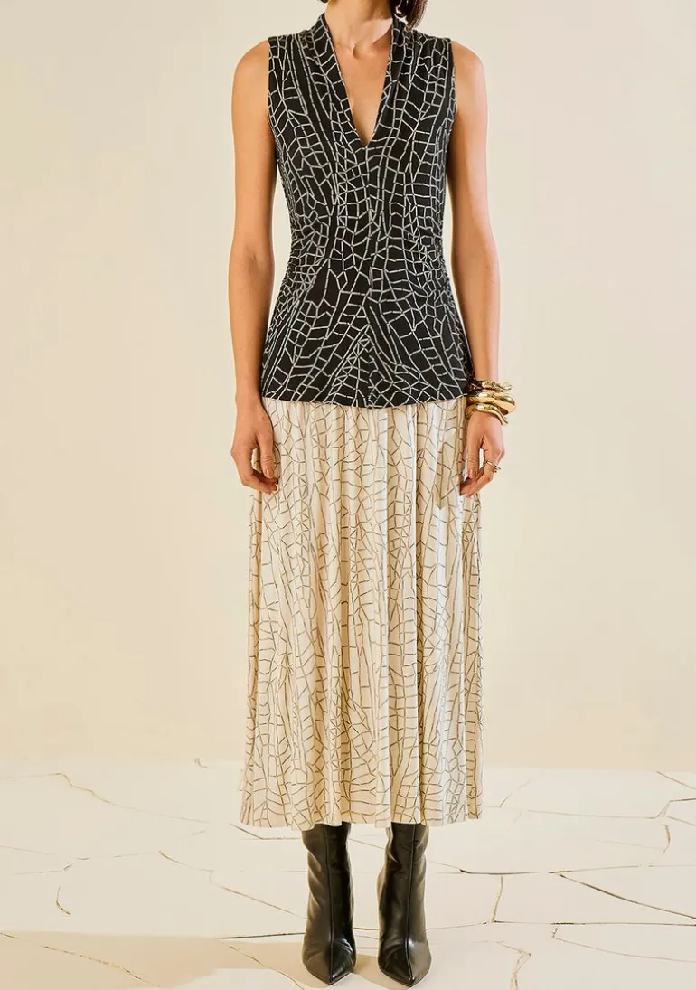 Vestido Morena Rosa Ajustado Decote V Sem Manga Midi Preto/Branco