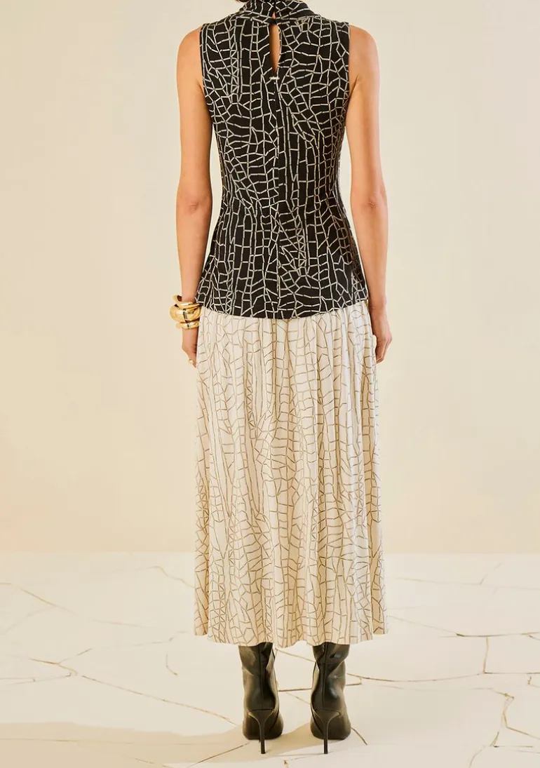 Vestido Morena Rosa Ajustado Decote V Sem Manga Midi Preto/Branco