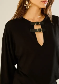 Vestido Morena Rosa Ajustado Decote V Manga Longa Curto Preto