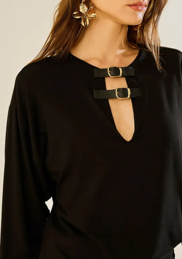 Vestido Morena Rosa Ajustado Decote V Manga Longa Curto Preto