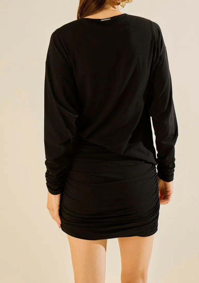 Vestido Morena Rosa Ajustado Decote V Manga Longa Curto Preto