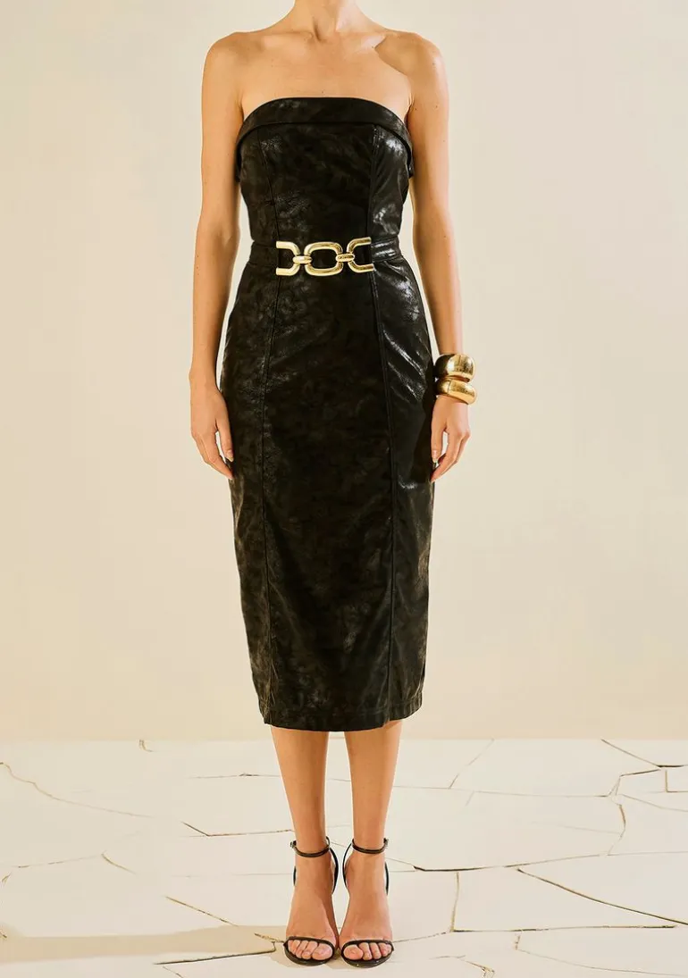 Vestido Morena Rosa Ajustado Decote Reto Sem Manga Longo Preto