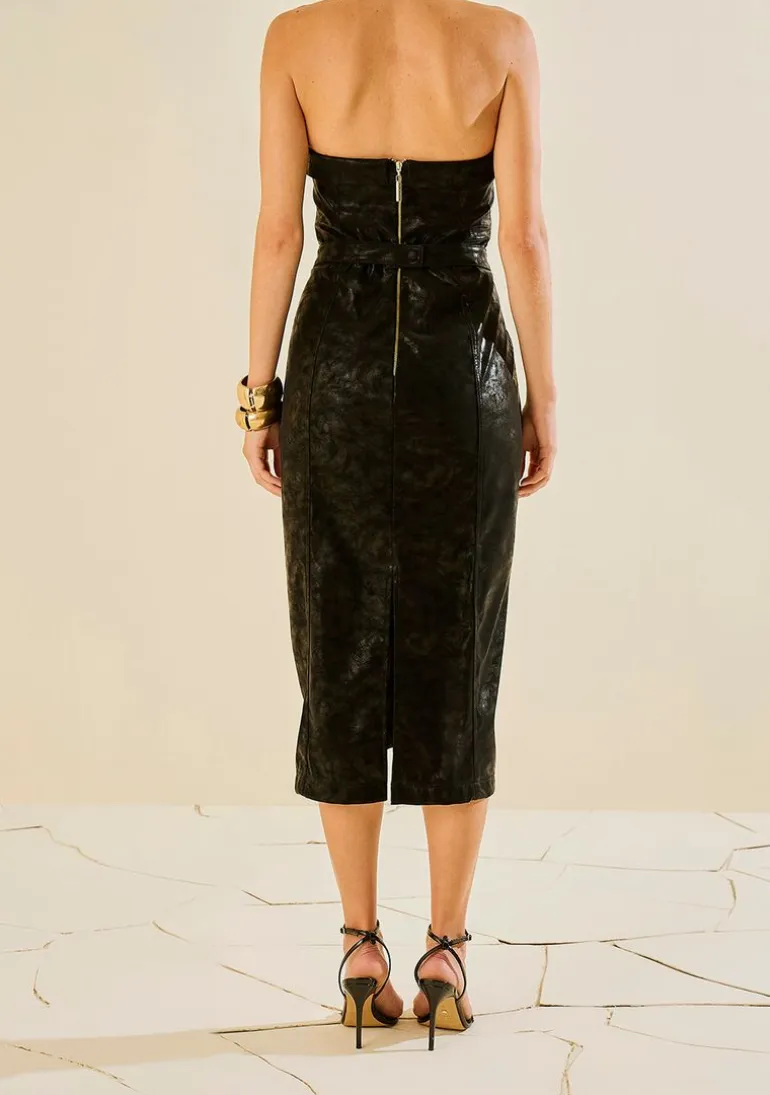 Vestido Morena Rosa Ajustado Decote Reto Sem Manga Longo Preto