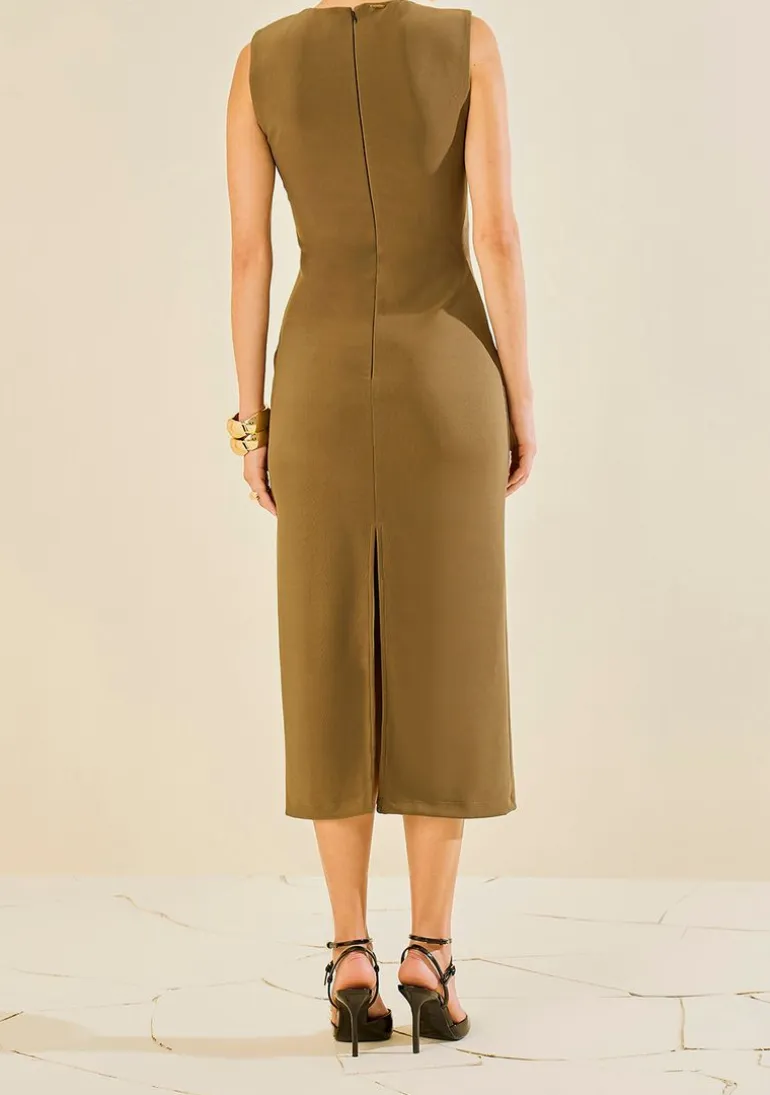 Vestido Morena Rosa Ajustado Decote Careca Manga Curta Midi Verde