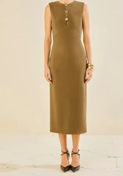 Vestido Morena Rosa Ajustado Decote Careca Manga Curta Midi Verde