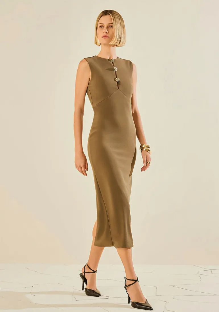 Vestido Morena Rosa Ajustado Decote Careca Manga Curta Midi Verde