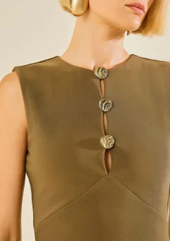 Vestido Morena Rosa Ajustado Decote Careca Manga Curta Midi Verde