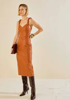 Vestido Morena Rosa Ajustado Decote V Com Alça Midi Marrom