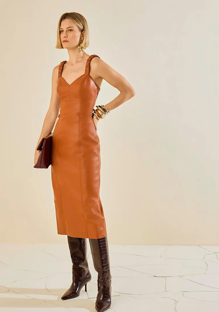 Vestido Morena Rosa Ajustado Decote V Com Alça Midi Marrom