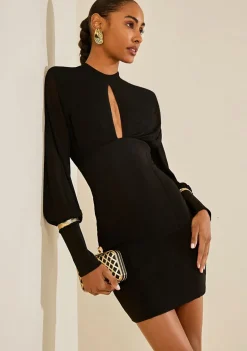 Vestido Morena Rosa Ajustado Decote Careca Manga Longa Curto Preto