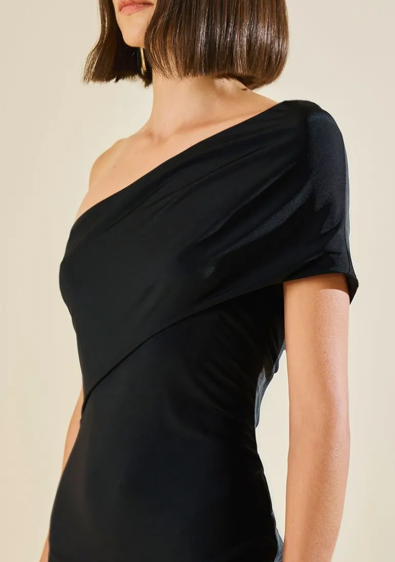 Vestido Morena Rosa Ajustado Ombro A Ombro Sem Manga Curto Preto