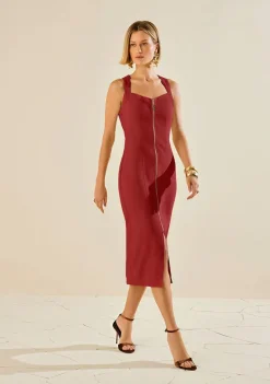 Vestido Morena Rosa Ajustado Decote V Com Alça Midi Vermelho
