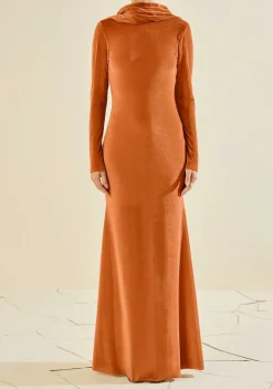 Vestido Morena Rosa Ajustado Decote Canoa Manga Longa Longo Laranja