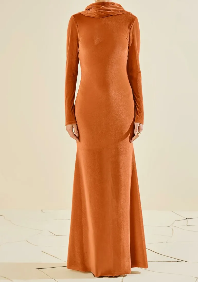 Vestido Morena Rosa Ajustado Decote Canoa Manga Longa Longo Laranja