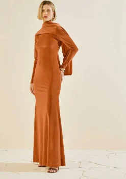 Vestido Morena Rosa Ajustado Decote Canoa Manga Longa Longo Laranja